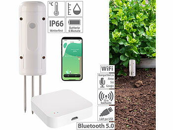 2-in-1-Bodentemperatur-Feuchtigkeitssensor-Sender: Luminea Home Control Smarter,ZigBee-Boden-Feuchtigkeits-&Temperatursensor & Zigbee Gateway