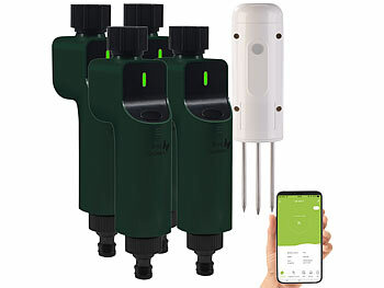 Luminea Home Control 4x ZigBee-Bewässerungscomputer + 1x Boden-Feuchte- & Temperatursensor