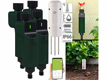 ZigBee-Bodentester: Luminea Home Control 4x ZigBee-Bewässerungscomputer + 1x Boden-Feuchte- & Temperatursensor