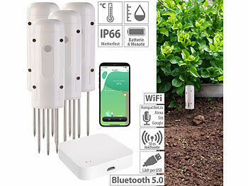 Pflanzenwassermonitore: Luminea Home Control 4x Smarter ZigBeeBodenFeuchtigkeits&Temperatursensor & Zigbee Gateway