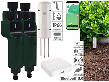 Feuchtigkeitsmesser: Luminea Home Control BodenFeuchtigkeits&Temperatursensor,ZigbeeGateway,4x Bewässerungscomp.