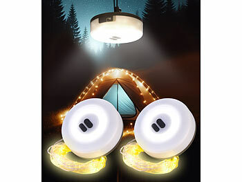 Campinglampe warmweiß: Lunartec 2er-Set 2in1-Akku-Campingleuchte mit Lichterkette, 6 Modi, IPX4, 10m