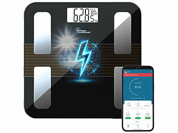 Personenwaage mit Akku: newgen medicals Smarte Solar-Akku-Körperfettwaage aus Glas, mit App, LCD, bis 180 kg