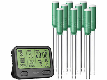 Pflanzenwassermonitor: Royal Gardineer 4in1-Funk-Boden-Feuchtigkeitsmesser-Set mit 9 Sensoren, innen & außen