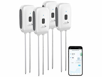 Bodensensor für Pflanzen: Royal Gardineer 4er-Set Boden-Feuchtigkeits-/Temperatur-Sensoren, Bluetooth-komp., App