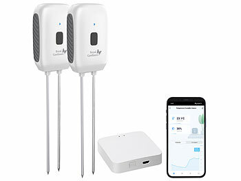 Bodenfeuchte Messgerät: Royal Gardineer 2er-Set Boden-Feuchtigkeits-&Temperatur-Sensoren mit WLAN-Gateway, App