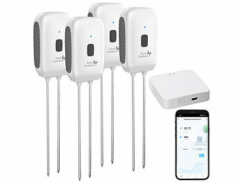 Bodensensor: Royal Gardineer 4er-Set Boden-Feuchtigkeits-&Temperatur-Sensoren mit WLAN-Gateway, App