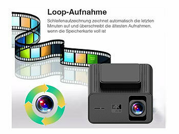 Lescars 4K-UHD-Dashcam, GPS, 1,47"-IPS-Display, G-Sensor, Rückfahrkamera, App