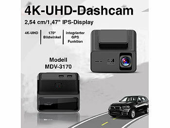Lescars 4K-UHD-Dashcam, GPS, 1,47"-IPS-Display, G-Sensor, Rückfahrkamera, App