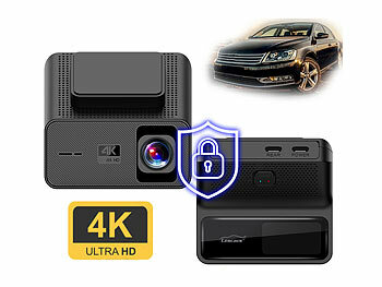 Lescars 4K-UHD-Dashcam, GPS, 1,47"-IPS-Display, G-Sensor, Rückfahrkamera, App