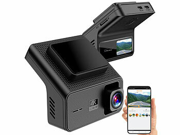 Lescars 4K-UHD-Dashcam, GPS, 1,47"-IPS-Display, G-Sensor, Rückfahrkamera, App