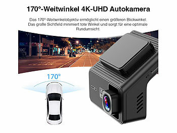 Lescars 4K-UHD-Dashcam, GPS, 1,47"-IPS-Display, G-Sensor, Rückfahrkamera, App