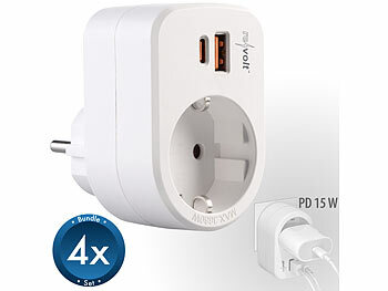 Schutzkontaktsteckdosen: revolt 4er-Set 3in1-Steckdose, USB-C mit PD 20 W, USB-A mit QC 3.0 15 W, 230V