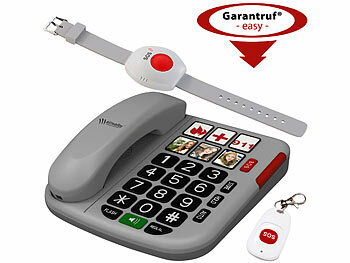 Festnetztelefon: simvalley Senioren-Notruf-Telefon, Funk-SOS-Taster & zusätzliches SOS-Armband