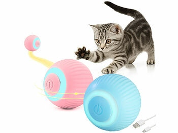 Katzen Spielzeug Bälle: Sweetypet 2er-Set Akku-Katzenspielzeuge mit LED-Licht, blau und pink