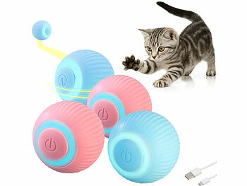 Katzenballspielzeug: Sweetypet 4er-Set Akku-Katzenspielzeuge mit LED-Licht, blau und pink 