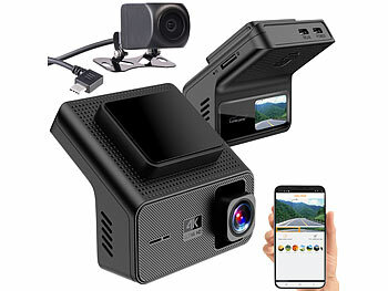 Lescars 4K-UHD-Dashcam, GPS, 1,47"-IPS-Display, G-Sensor, Rückfahrkamera, App