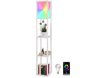 LED Stehlampe modern: Lunartec Stehlampe aus Holz mit Regal, weiß inkl. Smarte WLAN-LED (RGB&CCT) 
