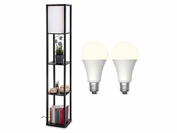 Stehlampe Vintage: Lunartec Stehlampe aus Holz mit Regal,schwarz inkl. 2x LED-Lampe (E27) warmweiß