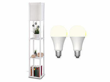 Wohnzimmer Stehlampe: Lunartec Stehlampe aus Holz mit Regal, weiß inkl. 2x LED-Lampe (E27) warmweiß 