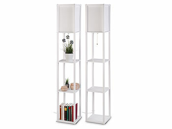 Wohnzimmer Stehlampen: Lunartec 2er-Set Stehlampe aus Holz mit integriertem Regal, E27-Sockel, weiß 