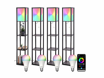 Stehlampe LED Holz: Lunartec 4er-Set Holzregal-Stehlampen mit smarter WLAN-LED, für Matter, schwarz 