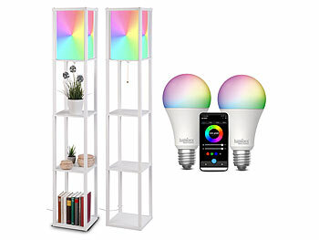 LED Stehlampen dimmbar: Lunartec 2er-Set Holzregal-Stehlampen mit smarter WLAN-LED, für Matter, weiß