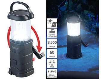 Kurbellampe: Semptec LED-Camping-Laterne, lädt per Dynamo, Solar und USB, 300 mAh, 60 Lumen