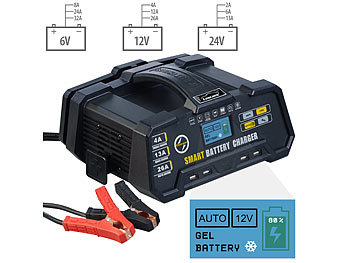 Autobatterie Ladegerät: Lescars High Power Profi-Multi-Batterieladegerät, 6/12/24 V, BMS-komp., 26 A
