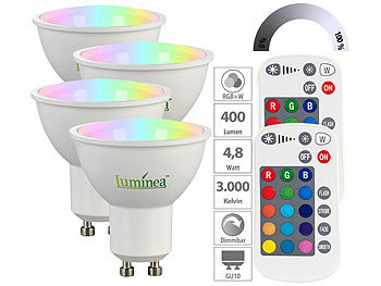 LED-Lampe GU 10: Luminea 4er-Set LED-Spots GU10, RGBW, 4,8 W, 400 lm, dimmbar