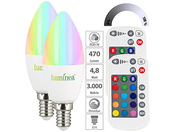 LED-Lampe E14 RGBW-Licht: Luminea 2er-Set LED-Kerzen E14, RGBW, 4,8 W (ersetzt 40 W), 470 Lumen, dimmbar