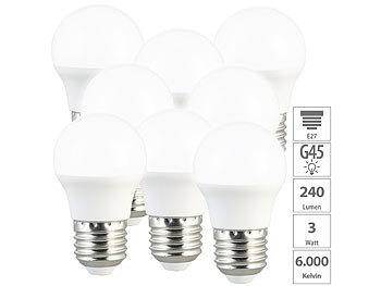 helle Glühbirne E27: Luminea 8er-Set LED-Lampen, E27, G45, 240 lm, 3W, tageslichtweiß
