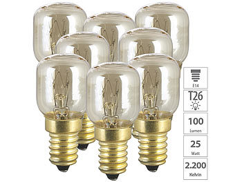 Backofenglühbirne: Luminea 8er-Set Backofenlampen, E14, T26, 25 W, 100 lm, bis 300 °C