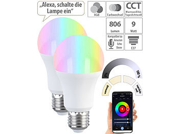 Luminea Home Control 2er-Set LED-Lampen E27, RGB-CCT, 9W, 806 Lumen, ZigBee-kompatibel