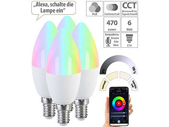 E14-Lampe mit RGBW-LEDs, für ZigBee-kompatible Steuersysteme: Luminea Home Control 4er-Set LED-Kerzen E14, RGB-CCT, 5 W, 470 lm, ZigBee-kompatibel