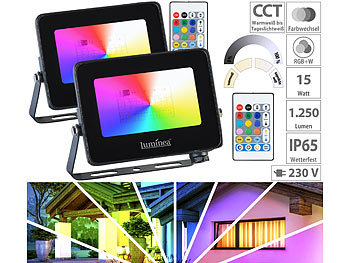 RGB-LED-Strahler außen: Luminea 2er-Set wetterfeste Outdoor-Fluter, RGB-CCT-LEDs, 15 W, 1.250 lm, IP65