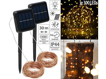 Solar Micro Lichterkette: Lunartec 2er-Set Solar-Lichterketten aus Kupferdraht, warmweiße LEDs, je 32 m