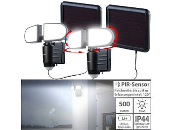 LED Solar Fluter mit Bewegungsmeldern: Luminea 2er-Set Duo-Solar-LED-Außenstrahler mit PIR-Bewegungssensor, 1 W, IP44