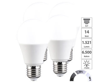 kaltweiße LED-Lampen: Luminea 4er-Set LED-Lampen mit 3 Helligkeits-Stufen, 14 W, 1.521 lm, 6500 K, F