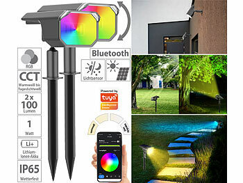 LED Solar Erdspieß: Luminea Home Control 2er-Set smarte Solar-Spots, RGB-CCT-LED, 100 lm, 2.200 mAh, 1 W, IP65