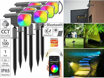 LED-Spot mit Erdspieß: Luminea Home Control 6er-Set smarte Solar-Spots, RGB-CCT-LED, 100 lm, 2.200 mAh, 1 W, IP65