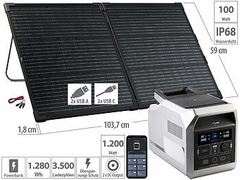 portable Powerstation: revolt Powerstation & Solar-Generator mit 100-W-Solarmodul, 1.280 Wh, 1.200 W