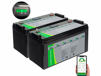 Batteriemodul: tka 2er-Set LiFePO4-Akkus mit 12 V, 150 Ah / 1.920 Wh, BMS, Display, App