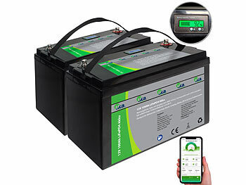 Batteriemodul: tka 2er-Set LiFePO4-Akkus mit 12 V, 100 Ah / 1.280 Wh, BMS, Display, App