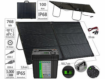 Powerstations LiFePO4: tka Solarstrom-Set: LiFePO4-Akku mit 100-W-Solarpanel, 768 Wh, 12 V DC, PD