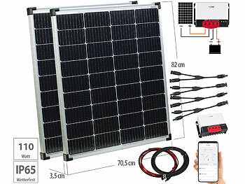 Offgrid Solaranlagen: revolt Solarstrom-Set: MPPT-Laderegler mit 2x 110-W-Solarmodul, bis 20 A, App