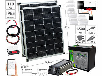 Spannungswandler: revolt Solar-Set: 230-V-Wechselrichter, Akku, Laderegeler, 2x 110W-Solarpanel