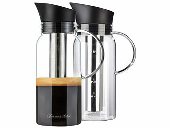 Kaltbrüh-Kaffeemaschine: Rosenstein & Söhne 2er Set Cold-Brew-Kaffeebereiter aus Glas, Edelstahlfilter, 1.200 ml