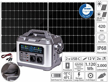 Mobile Powerstation 230V: revolt Powerstation & Solar-Generator mit 430-W-Solarpanel, 1120 Wh, 1.200 W