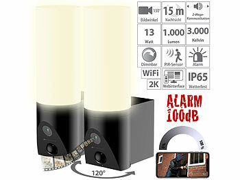 Überwachung Kamera außen: VisorTech 2er-Set LED-Außenwandleuchten & WLAN-2K-Kamera, PIR, Nachtsicht, App